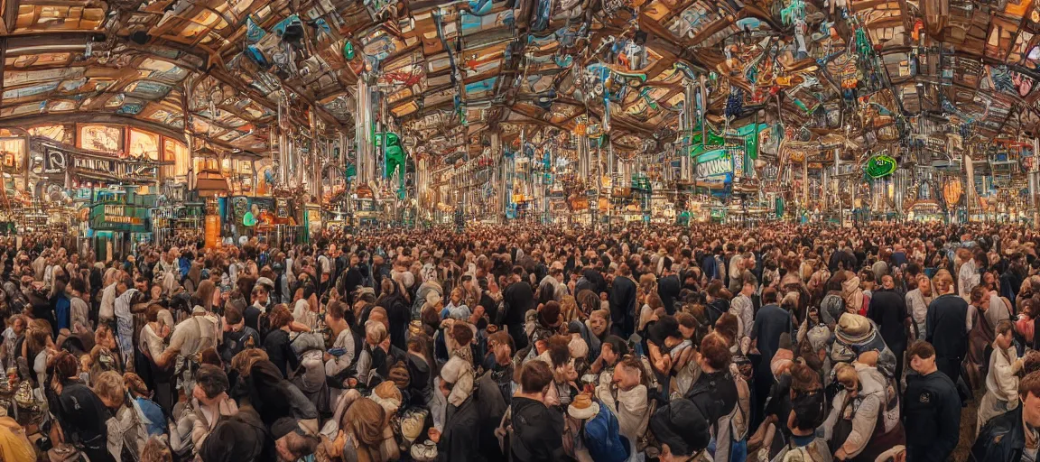 Image similar to crowded cyberpunk oktoberfest beer hall, detailed, wide angle, realism 8k HDR