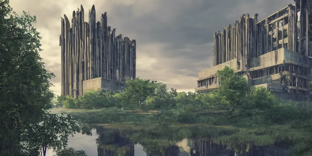 Image similar to an extremely detailed cathedral of brutalist architecture, surrounded by lush green forest, accurate reflections in murky ponds of water, stunning volumetric lighting, sunset, rusted steel, smooth concrete, stunning skies, trending on Artstation, 8k, photorealistic, hyper detailed, unreal engine 5, IMAX quality, cinematic, epic lighting, in the style of Greg Rutkowski