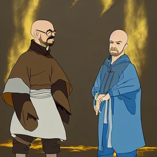 Image similar to Walter White and Jesse Pinkman in avatar the last Airbender, screenshot, still, digital art, highly detailed, in the style of Avatar the Last airbender, in the style of The Legend of Korra