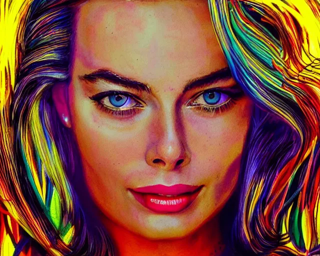 Image similar to led neon art of margot robbie, hyper detailed, award winning