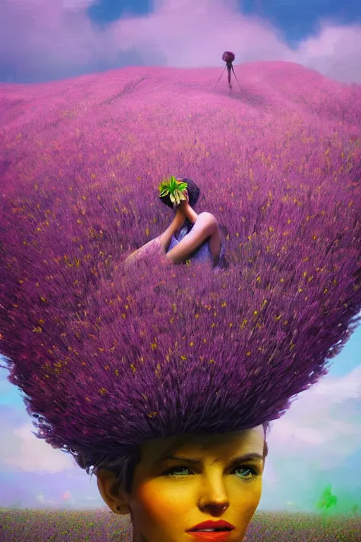 Prompt: closeup, giant flower head mohawk, a woman in a heather field, surreal photography, starlight, storm clouds, impressionist painting, digital painting, artstation, simon stalenhag