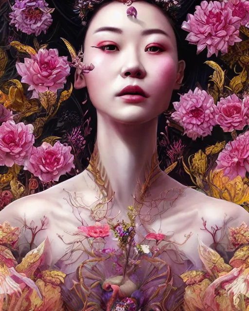 Image similar to portrait of the chinese queen of the underworld, surrounded by flowers by karol bak, james jean, tom bagshaw, rococo, sharp focus, trending on artstation, cinematic lighting, hyper realism, octane render, 8 k, hyper detailed.