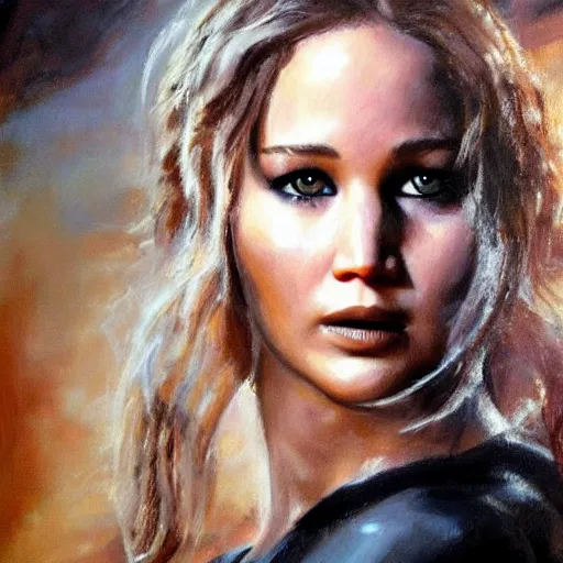 Image similar to ultra realistic portrait painting of jennifer lawrence in venom, art by frank frazetta, 4 k, ultra realistic, highly detailed, epic lighting.