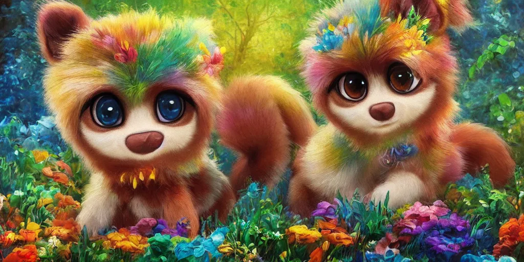 Prompt: 3d Littlest Pet Shop colorful animal, forest, realistic fur, glitter, master painter and art style of Noel Coypel, art of Émile Eisman-Semenowsky, art of Édouard Bisson