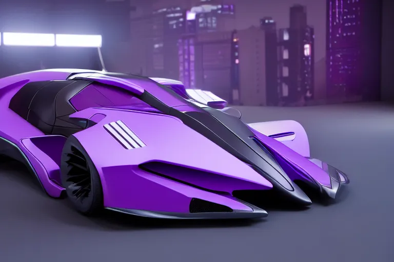 Image similar to cyberpunk purple batmobile concept inspired sports car, futuristic look, highly detailed body, very expensive, photorealistic camera shot, bright studio setting, studio lighting, crisp quality and light reflections, unreal engine 5 quality render