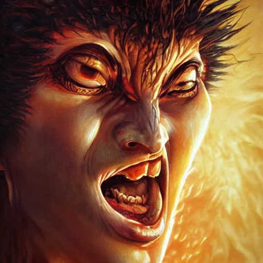 Prompt: extreme close - up by kentaro miura, by tony sart incredible. a beautiful art installation of a bright & fiery soul a power to do great things ; but i fear you may one day unleash such a tempest of fire that you may consume yourself, & all the world around you.