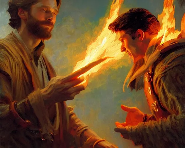 Image similar to attractive male wizard casting powerful fire spell. highly detailed painting by gaston bussiere, craig mullins, j. c. leyendecker 8 k