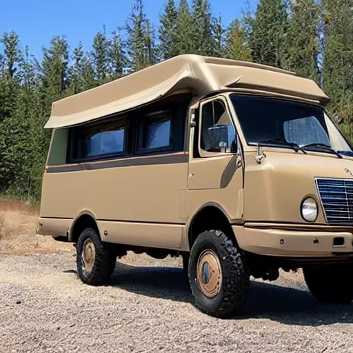 Prompt: a 1971 beige mercedes 508d truck that has been converted into an rv