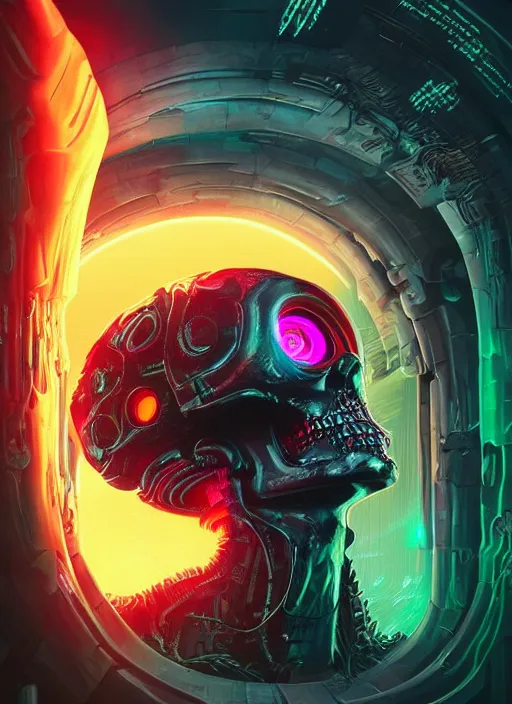 Image similar to a futuristic skull with glowing eyes and a wormhole tunnel, cyberpunk art by android jones, behance contest winner, computer art, darksynth, synthwave, rendered in cinema 4 d