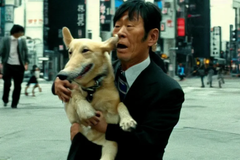 Image similar to cinematography action movie closeup portrait of a Japanese business man carrying his dog running from an explosion in Tokyo by Steven Spielberg
