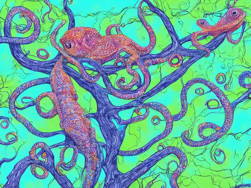 Image similar to chameleon on tree and octopus seen in the lake under the tree, high detail, highly abstract, digital art, 4 pastel colors