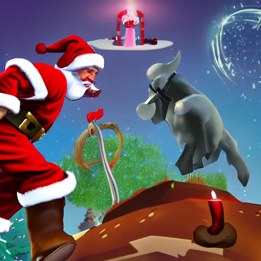 Image similar to Santa Claus vs. Jesus in an epic battle, super stylized, super bloody, a battle royale to the death