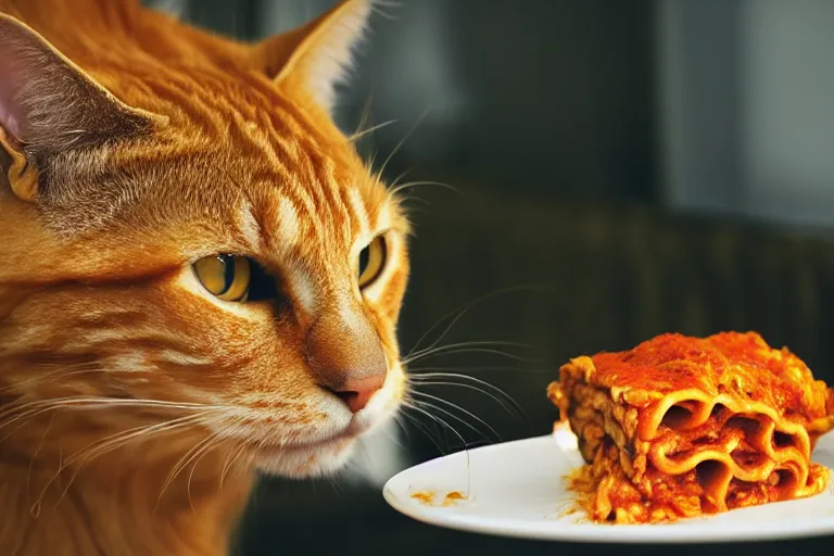 Prompt: large orange tabby cat eating lasagna by Emmanuel Lubezki