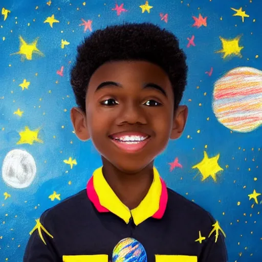 Image similar to A beautiful children's drawing of a young happy strikingly cute playful black boy that is an aspiring astronaut, he is also wearing a painted cardboard box on his head and wearing a cape on his back and playing with a toy shuttle in his playroom, symmetrical facial features, perfect facial proportions, galaxy color scheme, beautiful, 8k, HD, octane, unreal engine, volumetric lightning, upright,