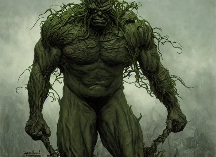 Image similar to renaissance grotesque full body portrait painting of angry bodybuilder swamp thing walking to the camera, camera puller back far, in a wasteland, landfill, elegant artwork by lee bermejo and greg rutkowski and alphonse mucha