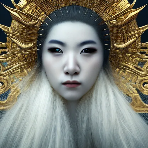 Image similar to hyper realistic portrait photo of ameterasu the sun goddess of japan, portrait shot, intricate detail, octane render