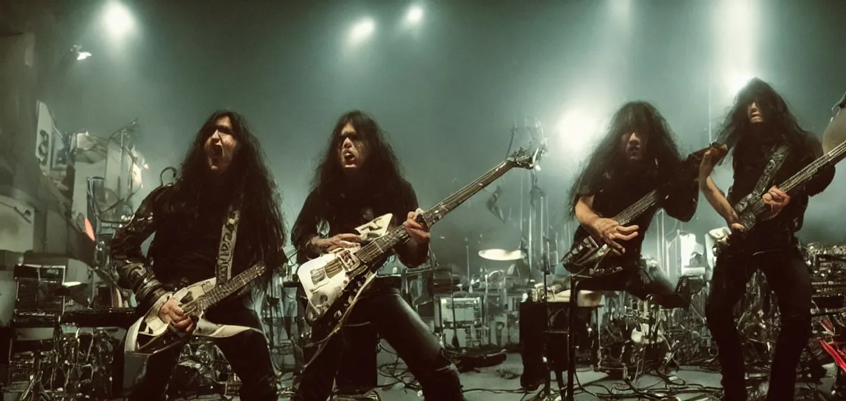 Prompt: A wide shot of a heavy metal band with long dark hair playing on guitars while Godzilla destroys!!!!!!!! the night city of Tokyo, by Lubezki and David Lynch, anamorphic 35 mm lens, cinematic, anamorphic lens flares 4k