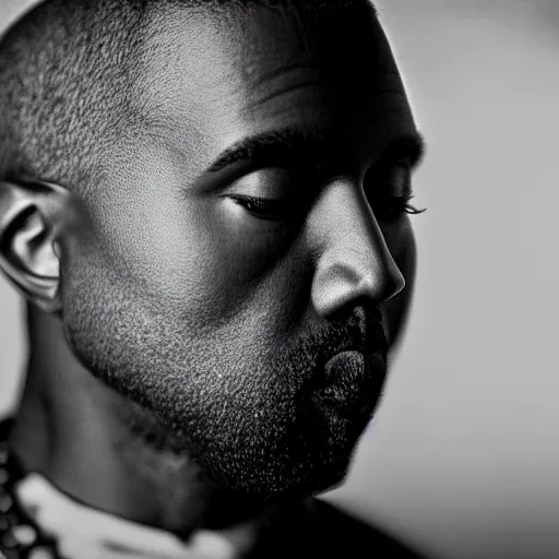 Image similar to Portrait studio photograph of Kanye West & an anthropomorphic teddy bear, close up, shallow depth of field, in the style of Felice Beato, Noir film still, 40mm