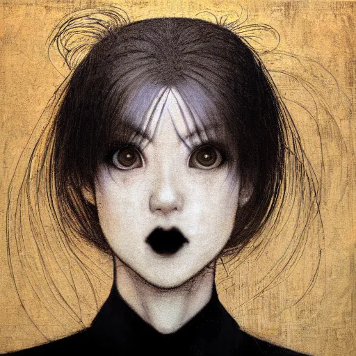 Prompt: yoshitaka amano blurred and dreamy realistic three quarter angle portrait of a young woman with black lipstick and black eyes wearing blazer and shirt with tie, junji ito abstract patterns in the background, satoshi kon anime, noisy film grain effect, highly detailed, renaissance oil painting, weird portrait angle, blurred lost edges
