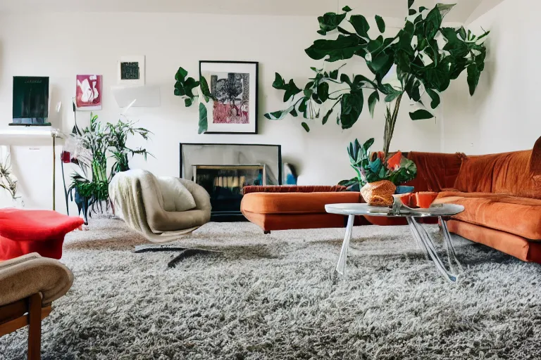 Image similar to a cloud hovering in the middle of a retro 1970s living room with shag carpet and vintage decor