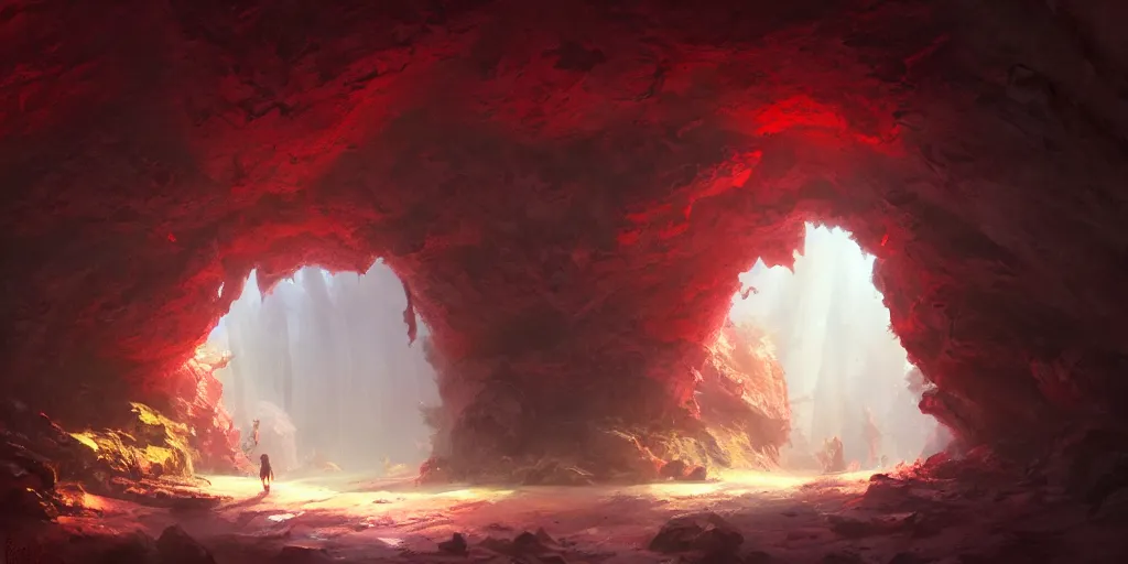 Prompt: entrance to small cave inside the forest, red crystals. In style of Greg Rutkowski, Jesper Ejsing, Makoto Shinkai, trending on ArtStation, fantasy, great composition, concept art, highly detailed, scenery, 8K, Behance.