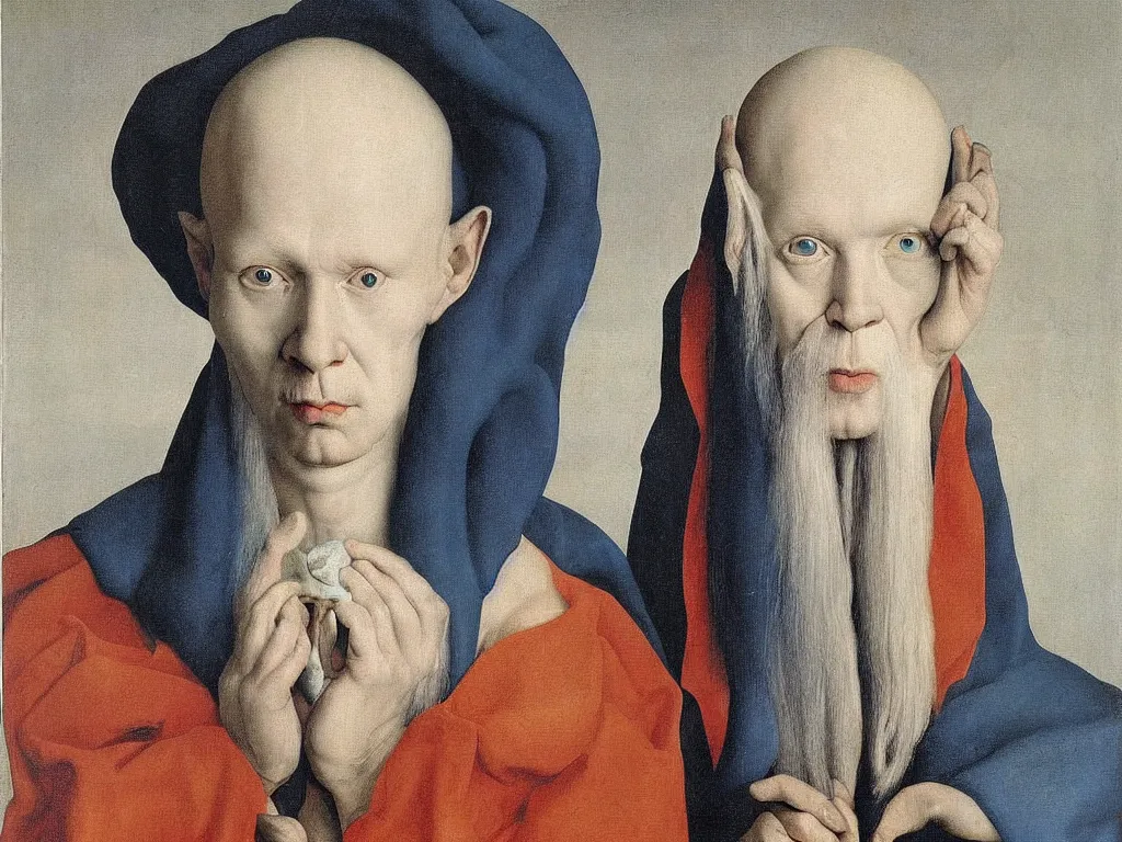 Image similar to Portrait of albino mystic with blue eyes, with exotic collection of floating animal eyes. Painting by Jan van Eyck, Audubon, Rene Magritte, Agnes Pelton, Max Ernst, Walton Ford