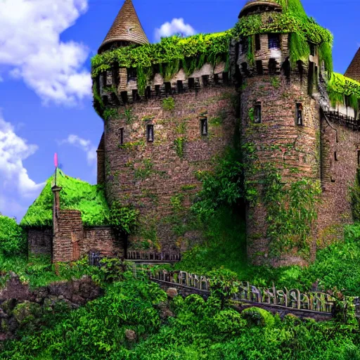 Prompt: medieval castle covered in lush vegetation, matte painting, puffy clouds, 4k, sharp focus, highly detailed
