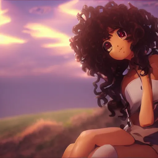 Image similar to a beautiful 3d brown anime girl, brown skin, black curly hair, Cinematic lighting, medium shot, in a anime masterpiece, highly detailed, Trending on artstation, unreal engine 4k, Cinematic wallpaper