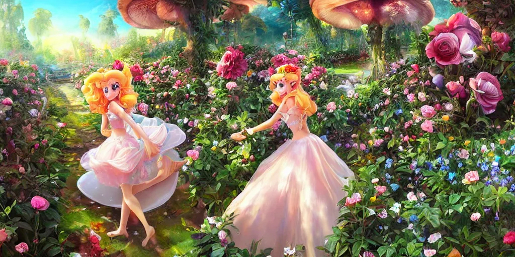 Image similar to Princess peach wandering through her hedge hedge garden of exotic flowers in the Mushroom Kingdom, giant mushrooms, and roses, from behind, streets, birds in the sky, sunlight and rays of light shining through trees, beautiful, solarpunk!!!, highly detailed, digital painting by Michael Garmash and Peter Mohrbacher