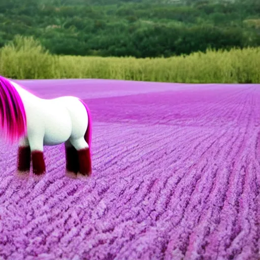 Image similar to purple pony trotting through a cotton candy and candy cane field