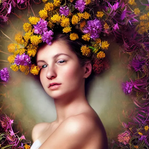 Image similar to photorealistic digital portrait of cute girl model, hair of flowers, in a gold bathtub full of flowers, natural lighting, 5 0 mm still image, artistic, award winning, elegant, by annie leibovitz