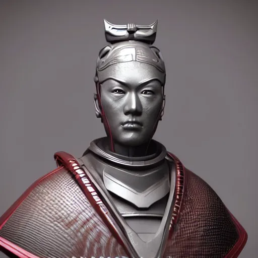 Image similar to portrait of a bust of a samurai with futuristic fashion elements created by yuuki morita, octane render, 3 d animated, unreal engine 5, studio lighting, photorealistic, smooth surface
