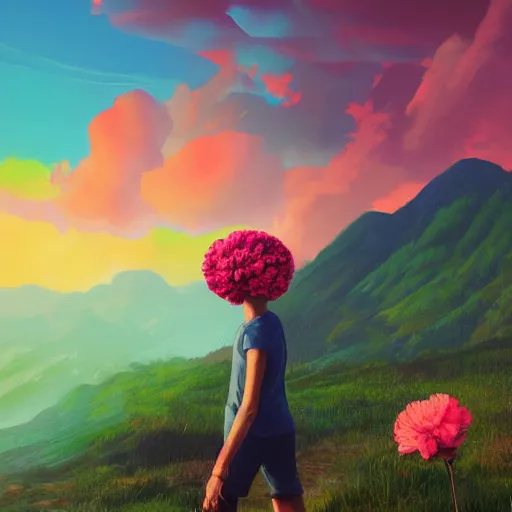 Image similar to giant carnation flower as a head, girl hiking in the mountains, surreal photography, sunrise, dramatic light, impressionist painting, colorful clouds, digital painting, artstation, simon stalenhag