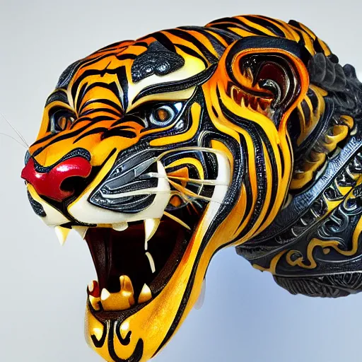 Image similar to breathtakingly cool beautiful complex stylised balinese carving ornate coloured sculpture tiger, extreme closeup, incredibly detailed, 8 k artstation