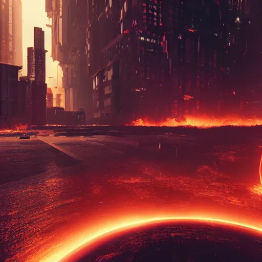 Image similar to a black hole is destroying a gothic cyberpunk City, catastrophic, fire and explosions, the feeling of dread, photorealistic, octane render, unreal engine