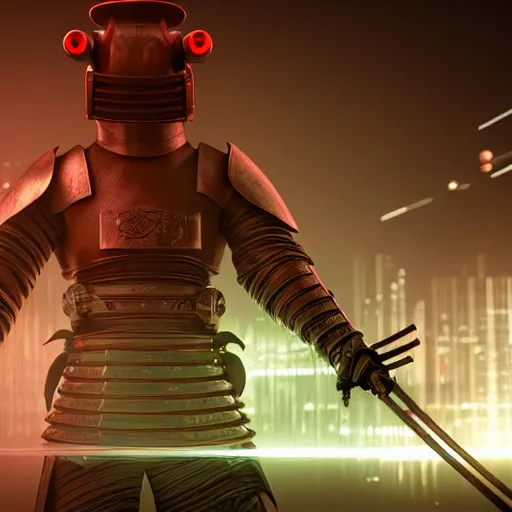 Image similar to a photo of a wide toad samurai in a futuristic armor with glowing katana sword, cyberpunk, hyper realistic, hyper detailed, volumetric lightning, grainy film, octane render, 8k, raytracing