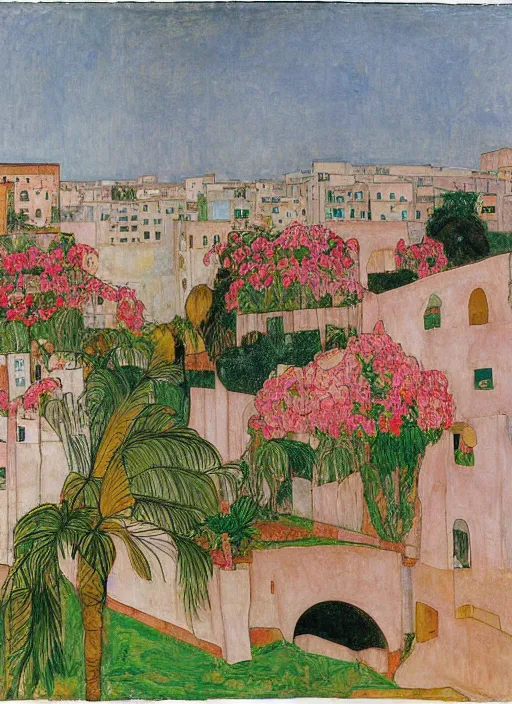 Prompt: ahwaz city in iran with a big arch bridge on local river, 2 number house near a lot of palm trees and bougainvillea, hot with shining sun, painting by egon schiele