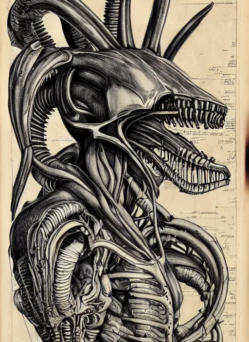 Prompt: full page scan of vintage anatomical drawing of Xenomorph, intricate details, faded colors, necronomicon style, illustration, intricate writing, symmetry, concept art
