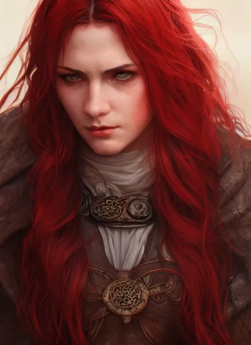 Image similar to vertical portrait of a ruggedly handsome female cleric, soft hair, close - up face, leather, witchy, d & d, fantasy, intricate, elegant, highly detailed, digital painting, artstation, concept art, smooth, sharp focus, illustration, art by artgerm and greg rutkowski and alphonse mucha, plain red background