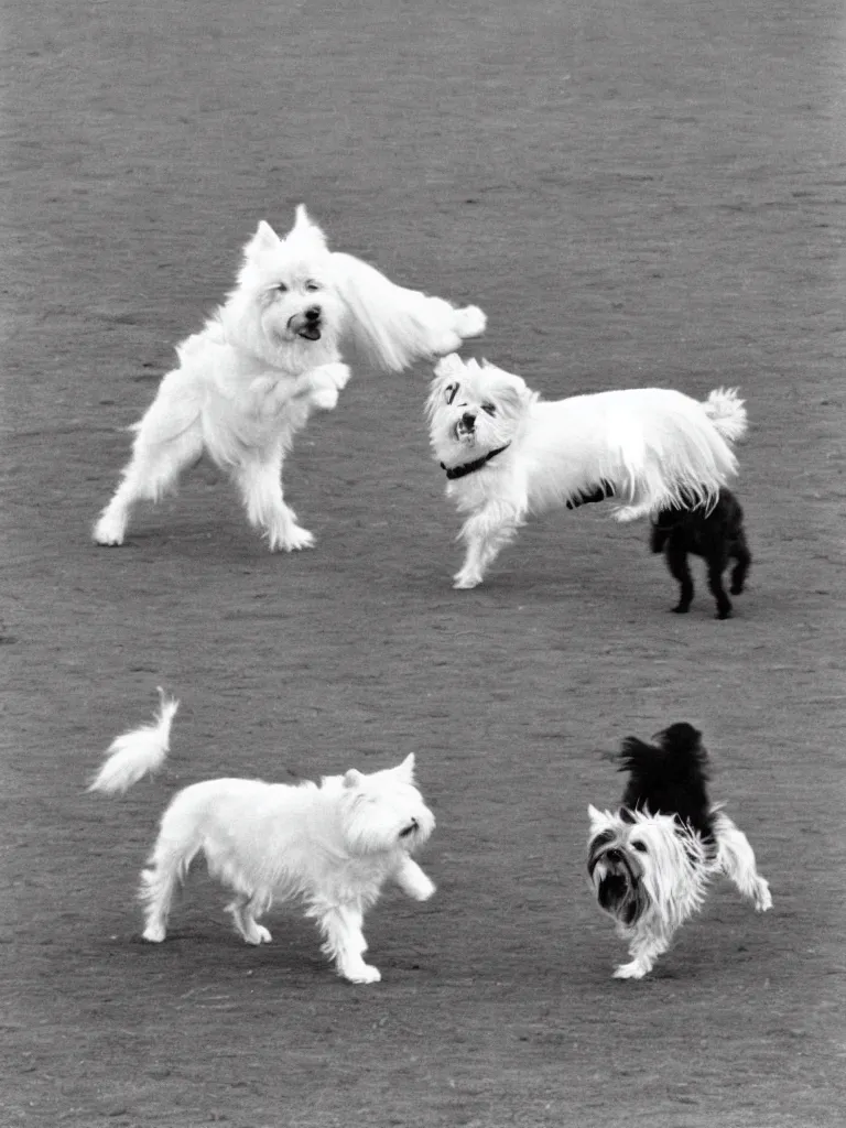 Image similar to a gray german spitz fights a white west highland terrier, disney style, 1 9 7 0 s