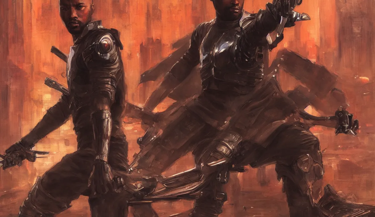 Image similar to futuristic black samurai in fighting pose (blade runner 2049, cyberpunk 2077). Orientalist portrait by john william waterhouse and James Gurney and Theodore Ralli and Nasreddine Dinet, oil on canvas. Cinematic, hyper realism, realistic proportions, dramatic lighting, high detail 4k