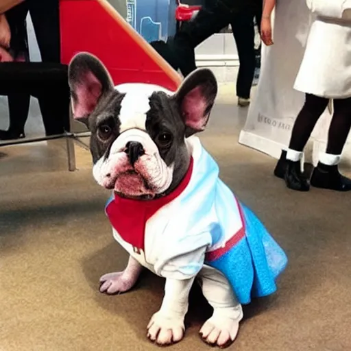 Image similar to a french bull dog dressed as eleven from stranger things