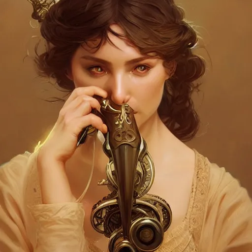 Image similar to a strange blowing horn, d & d, fantasy, intricate, elegant, highly detailed, digital painting, artstation, concept art, smooth, sharp focus, illustration, art by artgerm and greg rutkowski and alphonse mucha