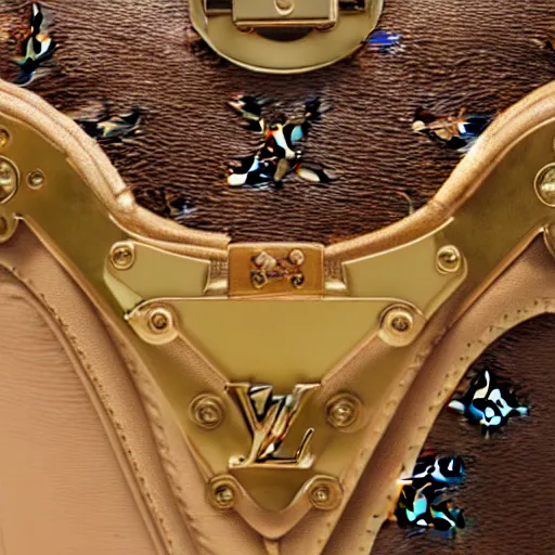 Prompt: close up of a louis vuitton handbag in year 3000, surreal avant-garde style, in entrance hall of an art-deco skyscaper, photography , official vuitton editorial , highly detailed