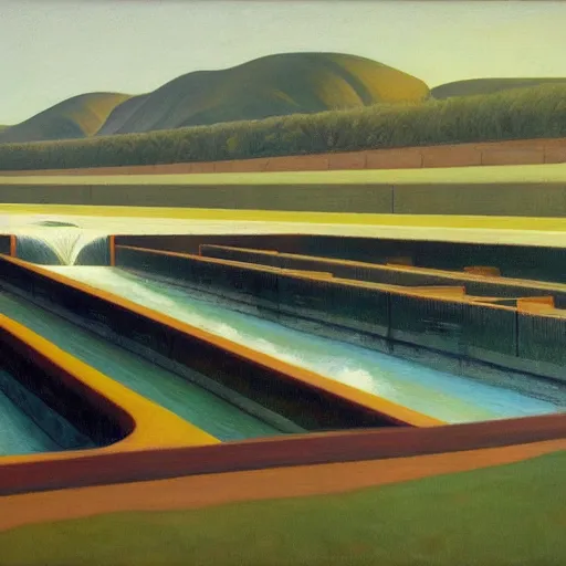 Prompt: hydroelectric dam, turbines, spillway, fish ladder, grant wood, pj crook, edward hopper, oil on canvas