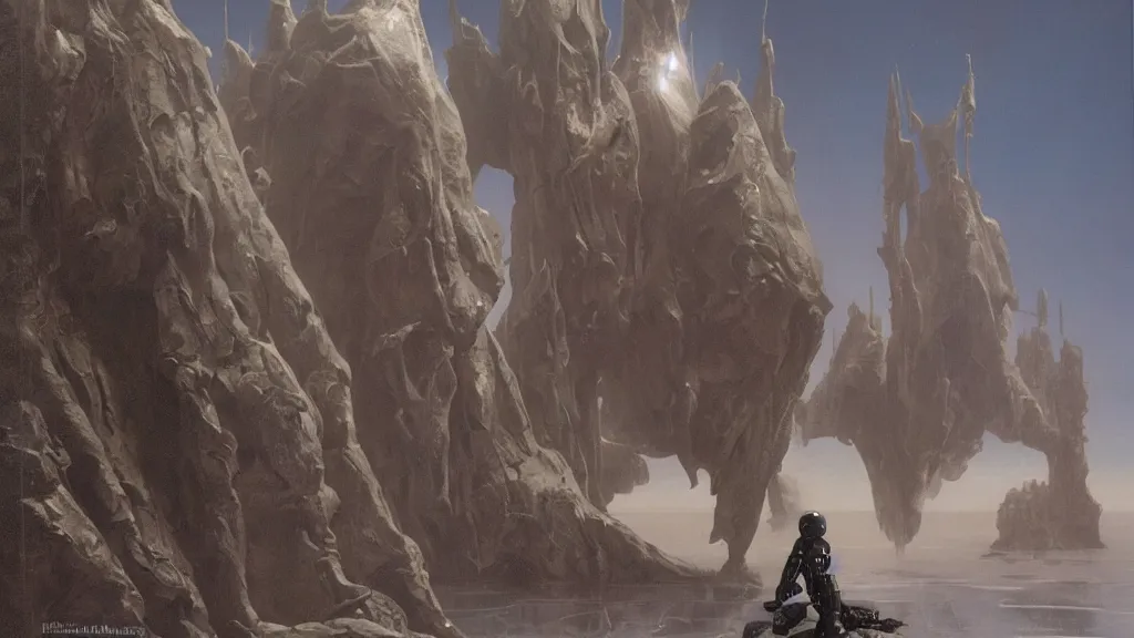 Image similar to futuristic organic spacesuit design by john schoenherr and jim burns, epic cinematic matte painting