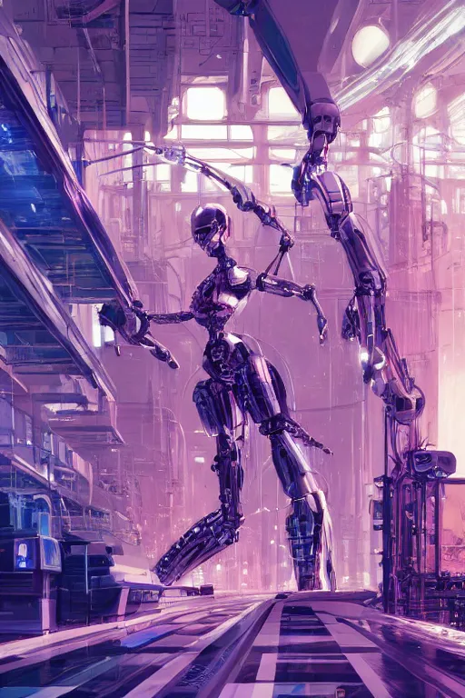 Prompt: the most amazing dream you ever had about beautiful woman transhumanism artificial intelligence singularity, robot factory, hyper realistic, concept art, intricate, hyper detailed, smooth, syd mead, high contrast, neon, volumetric lighting, octane, raytrace, moebius, snowcrash