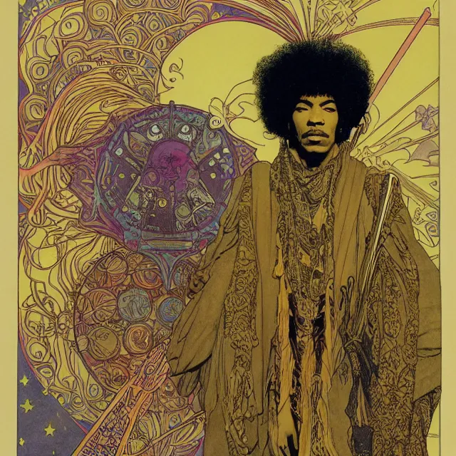 Image similar to artwork by Franklin Booth and Edmund Dulac showing a portrait of Jimi Hendrix as a futuristic space shaman, Alphonse Mucha background, futuristic electric guitar, star map, smoke, platonic solids