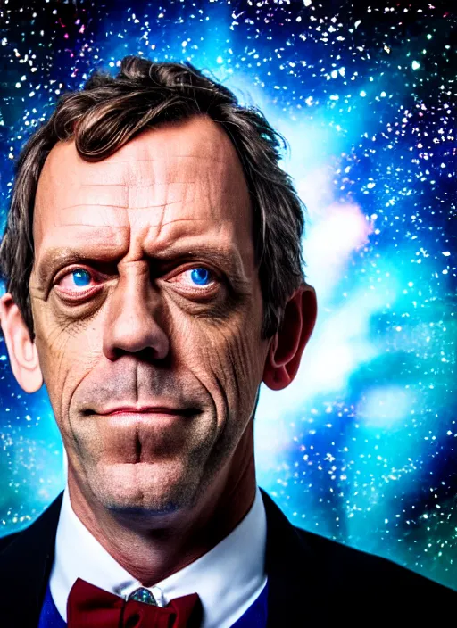 Image similar to dslr photo portrait still of hugh laurie as doctor who in front of a nebula through the open door of the tardis, 8 k, 8 5 mm f 1. 4