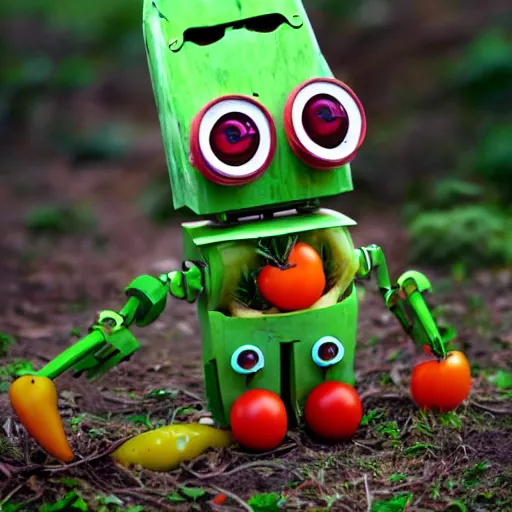 Image similar to cute little robot made of vegetables, tomato head and a carrot sword, made in abyss style standing on a forest